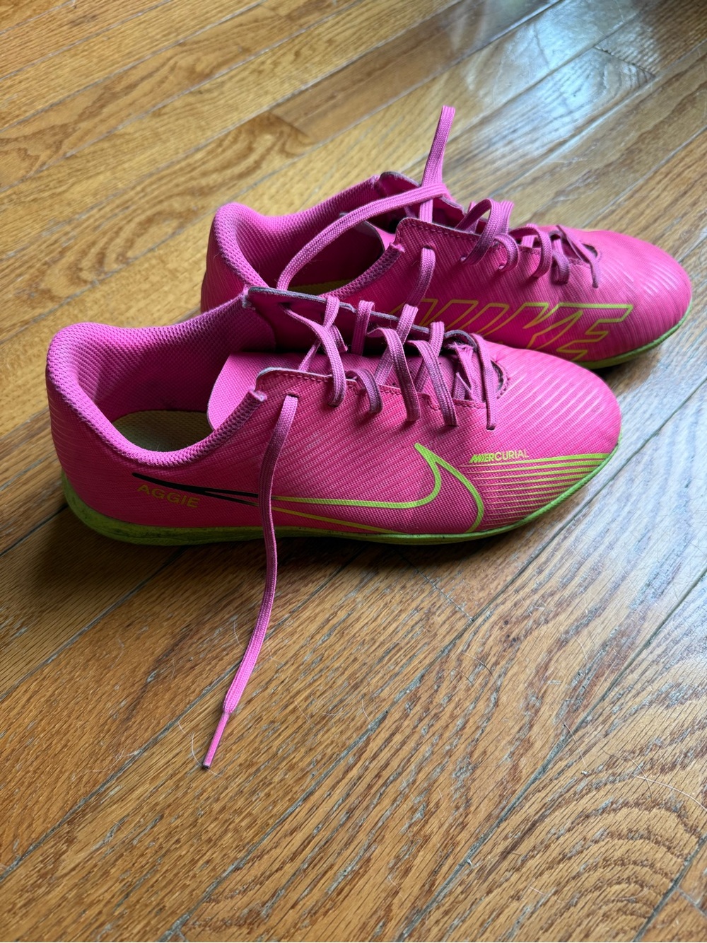 Nike Kids Pink and Neon Green Indoor Soccer Shoes